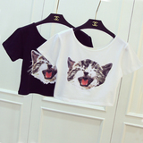 2015春夏短款T恤女短袖圆领体恤韩版纯色猫咪印花高腰露脐装上衣
