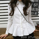 早春新款韩版修身白色长袖衬衫女荷叶边裙摆式衬衣燕尾收腰上衣