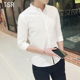 2016春夏装韩版修身时尚男士七分袖衬衫纯色白色青年潮流中袖衬衣