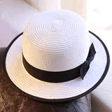 夏季韩版平顶遮阳帽包边小礼帽子潮女英伦草帽蝴蝶结沙滩帽圆帽