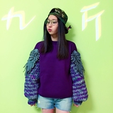 香港泰国潮牌撞色宽松翅膀紫色卫衣重手工毛线袖小众设计师外套女