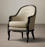 法式复古新古典实木框架天鹅雕花单人沙发椅/美式布艺拉扣老虎椅