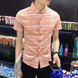 2016夏装新款男士休闲格子短袖衬衫 青年男修身韩版英伦花色衬