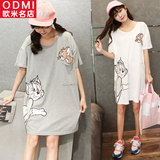 夏装新款韩版卡通猫和老鼠印花体恤大码宽松中长款短袖t恤女纯棉