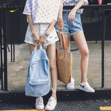 LRUD2016夏季新款韩版女装宽松印花牛仔短裤女毛边显瘦直筒热裤