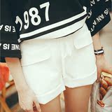 2016夏装新款高腰阔腿裤显瘦修身翻边白色PU皮短裤女包邮带腰带