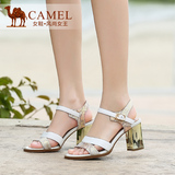 Camel骆驼女鞋 优雅 腕带粗高跟花真皮真皮春夏凉鞋