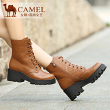 Camel/骆驼女鞋 时尚休闲 牛皮圆头中跟侧拉链中筒女靴2015冬新款