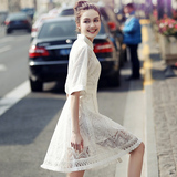 2016新款修身高腰裙子中袖白色蕾丝连衣裙女夏季中长款气质a字裙
