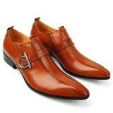 完美个性设计顶级版英伦男鞋 棕色尖头金属搭扣真皮潮流套鞋皮鞋