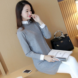 2016春装新款韩版女士套头毛衣中长款衬衫小翻领长袖假两件针织衫