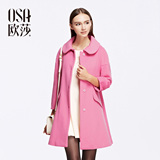 OSA欧莎2015冬季新品 中长款娃娃领毛呢外套 格子七分袖大衣女装