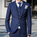 现货韩国代购2016春装韩版修身绅士竖条纹男士西服西装套装三件套
