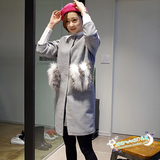 冬装新韩国代购女装正品暗扣毛毛兜七分袖中长款羊毛毛呢大衣外套