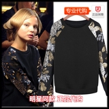 香港代购2015春新款女装袖子刺绣亮片卫衣圆领修身长袖套头卫衣女