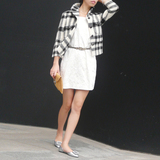 YSX原创设计 2015秋冬装新款女式黑白格子羊毛呢短款外套排扣简约