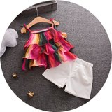 2016新款童装夏季宝宝中小童儿童韩版彩条吊带棉麻两件套女童套装