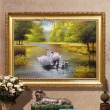 欧式手绘风景油画客厅卧室装饰画餐厅玄关壁炉挂画 天鹅 幸福一家