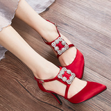 莎丝妮漫韩版新款尖头镂空高跟鞋水钻鞋沙丁布红色婚鞋细跟女鞋子