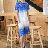 2016夏新款夏季套装短袖t恤男 韩版修身泼墨个性半袖体恤休闲运动