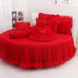 Q布艺 蕾丝四件套 韩式红色贡缎提花公主婚庆床品 圆床床上用品