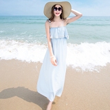 2016女装新款无袖钉珠连衣裙雪纺吊带裙纯色长裙海边度假沙滩裙