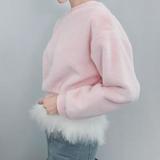 韩国代购Pinkboll官网直邮 韩版芭比粉嫩羽毛拼接厚款毛绒卫衣