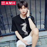 AMH男装韩版2016夏装新款时尚潮流印花男士落肩版圆领短袖T恤翎