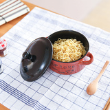 聚可爱 日韩式小砂锅微波炉带盖双耳陶瓷碗泡面碗彩色米饭碗汤碗