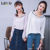 LRUD2016秋季新款韩版V领学院风长袖衬衫女宽松休闲荷叶袖衬衣