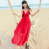 波西米亚长裙红色雪纺连衣裙显瘦海岛海边度假白色长款吊带沙滩裙