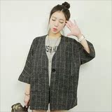 代购2016秋季新款韩国潮范宽松蝙蝠中袖格子西装女式亚麻短外套女