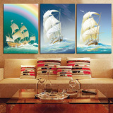 地中海风光手绘帆船图案三联无框画 咖啡厅客房卧室床头装饰挂画