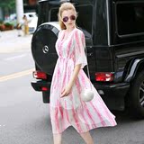 罗家精品2016夏季女装新 气质白底粉色印花喇叭袖V领长裙连衣裙SW
