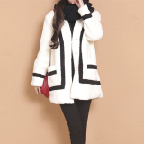 又见小夕 2015冬款女装 韩版撞色拼接宽松气质中长款羊羔毛呢外套