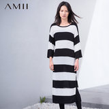 Amii[极简主义]2015春新休闲直筒条纹大码中长款连衣裙女11680100