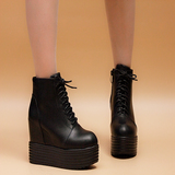 12cm冬秋季新款高帮短靴子坡跟松糕厚底内增高超高跟黑女式鞋潮