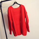 韩国代购2015秋装新款时尚红色中长款修身显瘦毛线针织开衫外套女