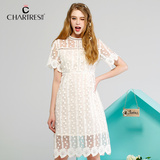 Chartres原创女装 白色圆点蕾丝连衣裙 中长款网纱透视连衣裙Q641