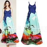 夏威夷度假裙 欧美2015春夏 蓝天森林手绘印花 针织拼接吊带长裙