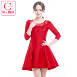 可路莎C53558 2016春季新款韩版七分袖红色蕾丝A字打底连衣裙女春