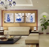 现代中国风冰晶画装饰画无框钢化玻璃画三联艺术钟S517青花瓷