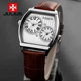 Julius正品牌表 韩国真牛皮带手表酒桶型双机芯双显防水石英男表