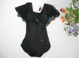 安莉芳100%专柜正品 ES0585女蕾丝修身连体显瘦泳衣 带袖特价黑色