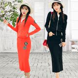韩国代购春秋新款女装2016休闲运动时尚套装长裙学生两件套修身棉