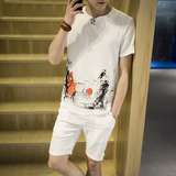 夏季中国风亚麻短袖T恤男士大码水墨牡丹花印花青年棉麻休闲套装