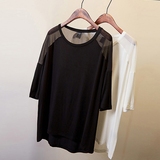2016春新款韩版莫代尔雪纺拼接女t恤宽松显瘦七分袖中长款打底衫