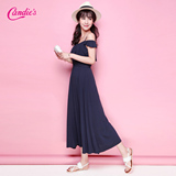 Candie's2016夏新款 时尚纯色中长款连衣裙抹胸露肩背带30062006