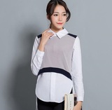 2016春秋季新品韩版女装拼接上衣娃娃领修身显瘦假两件中长款衬衫