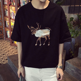 我爱型男夏装新款圆领短袖T恤男韩版潮流宽松体恤衫潮牌小鹿刺绣